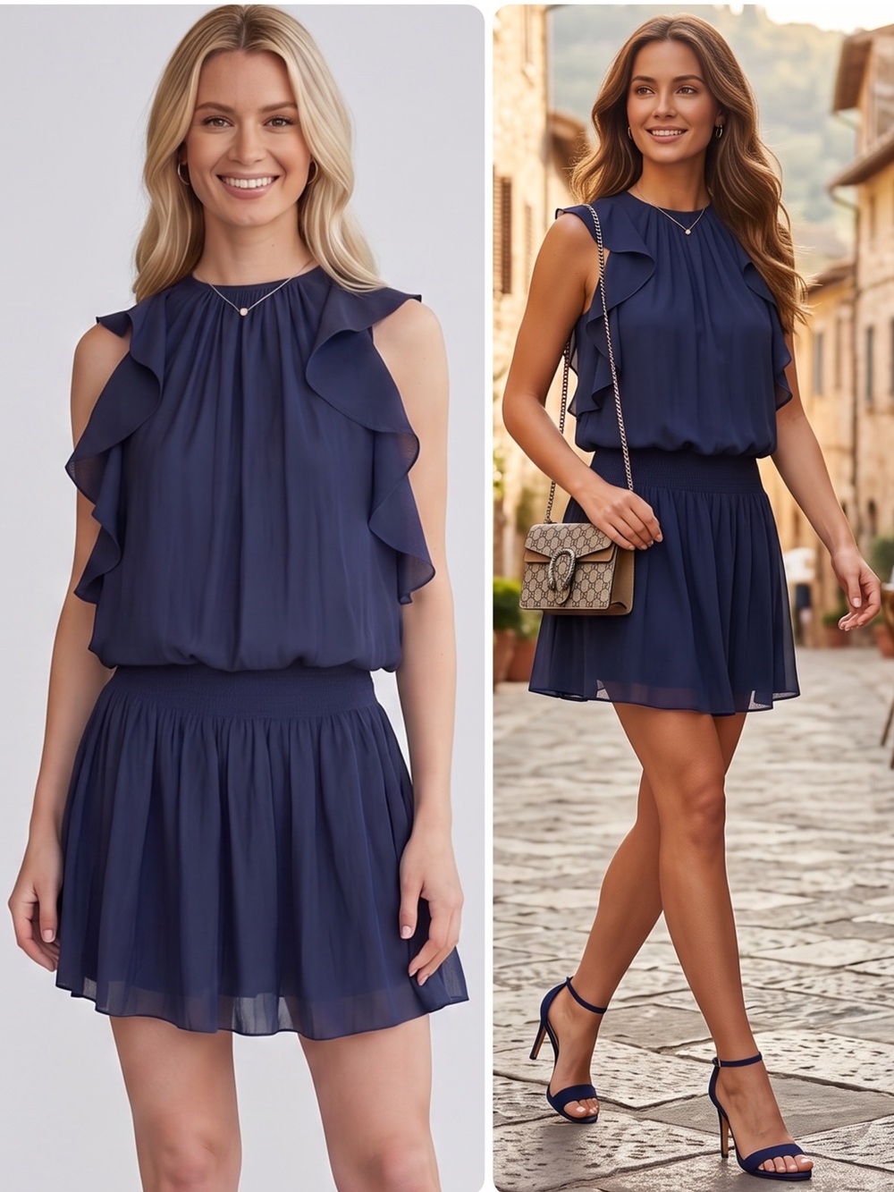 Ramy Brook Rembi Navy Ruffle Cold-Shoulder Smoked Waist Mini Dress NWT $425 - Picture 2 of 10